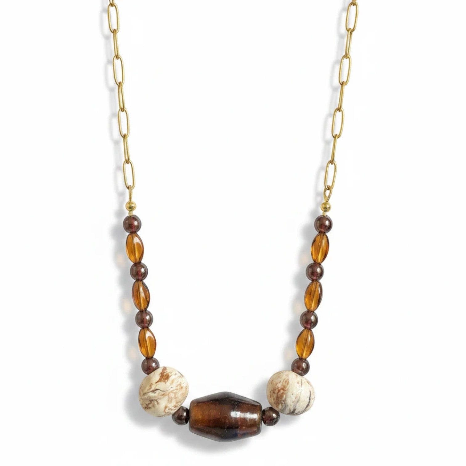Heartfelt Creations bohemian statement necklace with earthy beads, gold-tone chain, and a translucent brown centerpiece.