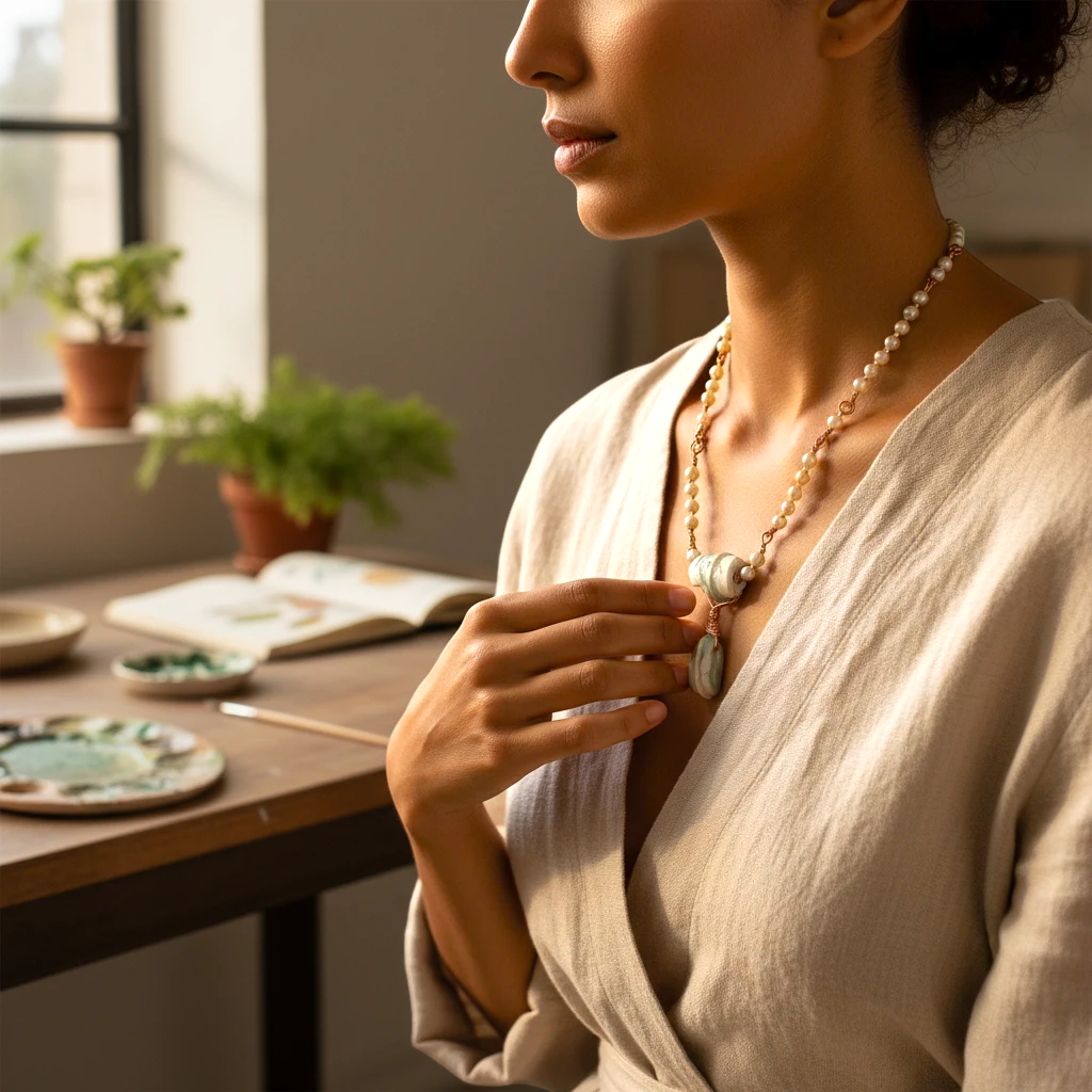 Heartfelt Creations handcrafted necklace with sage sea-glass stones, copper wire, and pearls .