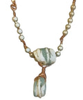 Heartfelt Creations handcrafted necklace with sage and cream sea-glass stones, copper wire wrapping, and pearl accents.