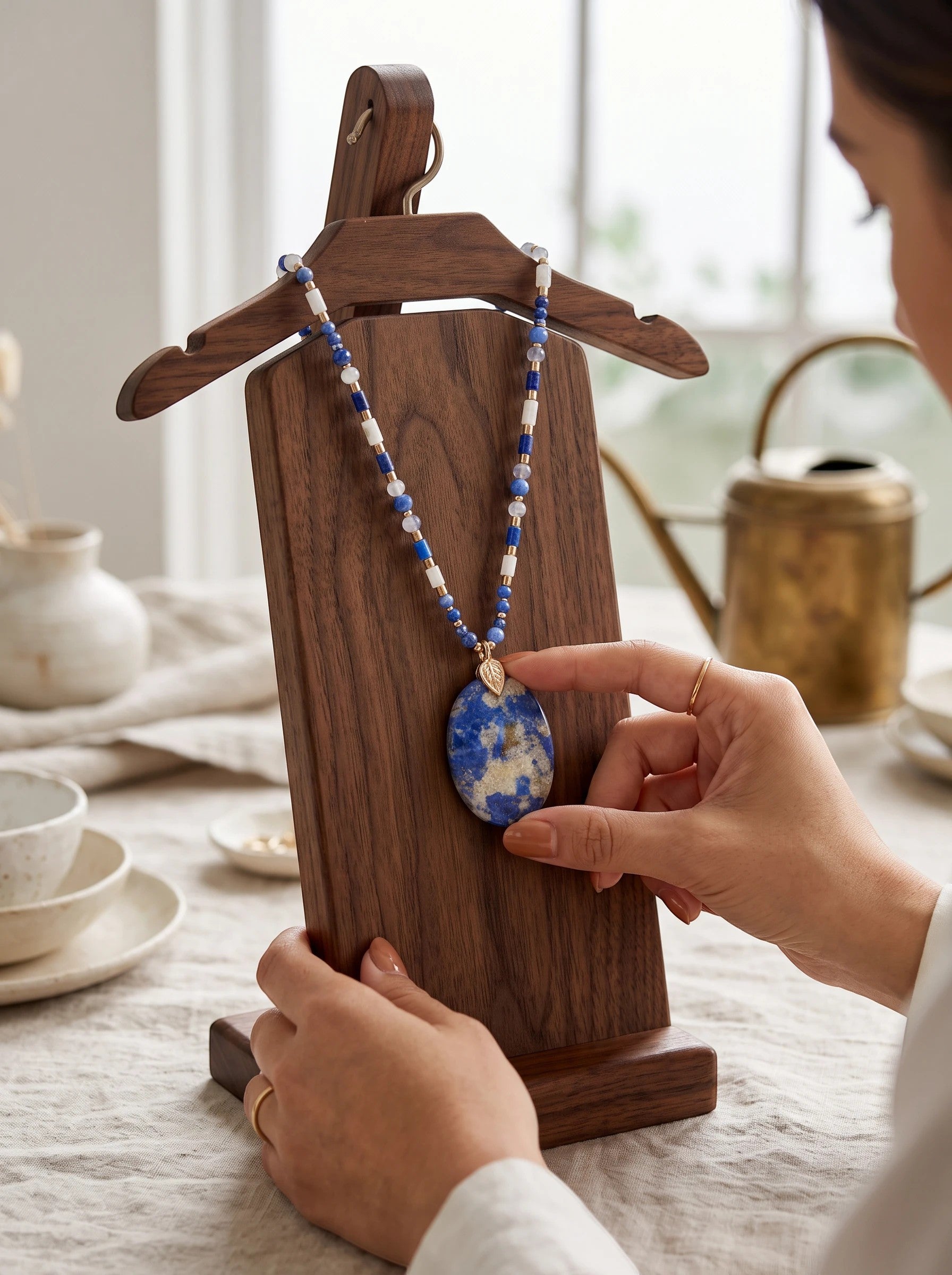 Heartfelt Creations artisan necklace with a large oval violet and white stone pendant on a gold-tone chain with beads.