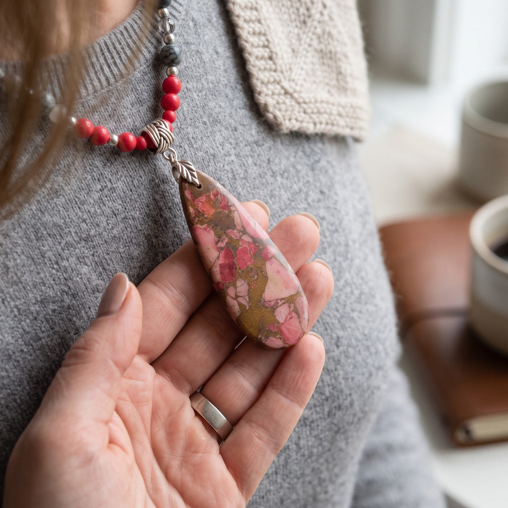 Heartfelt Creations beaded necklace with a large marbled teardrop pendant in red and earthy tones on a grey sweater