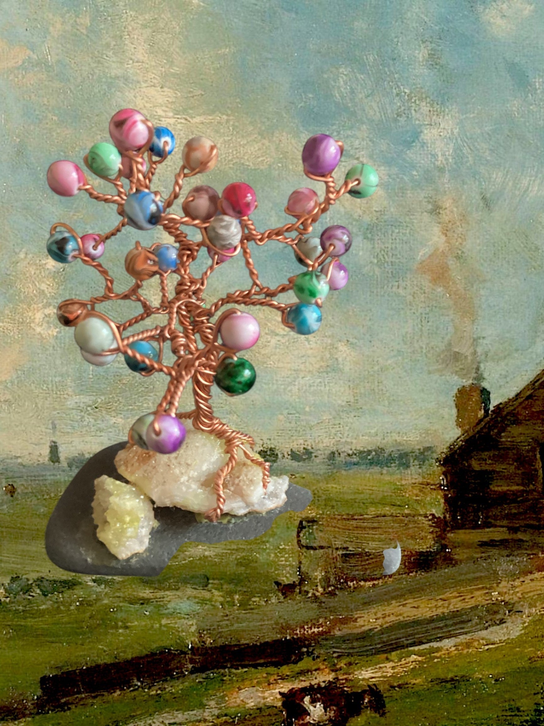 Heartfelt Creations beaded tree sculpture with copper wire, colorful glass beads, and natural stone base.