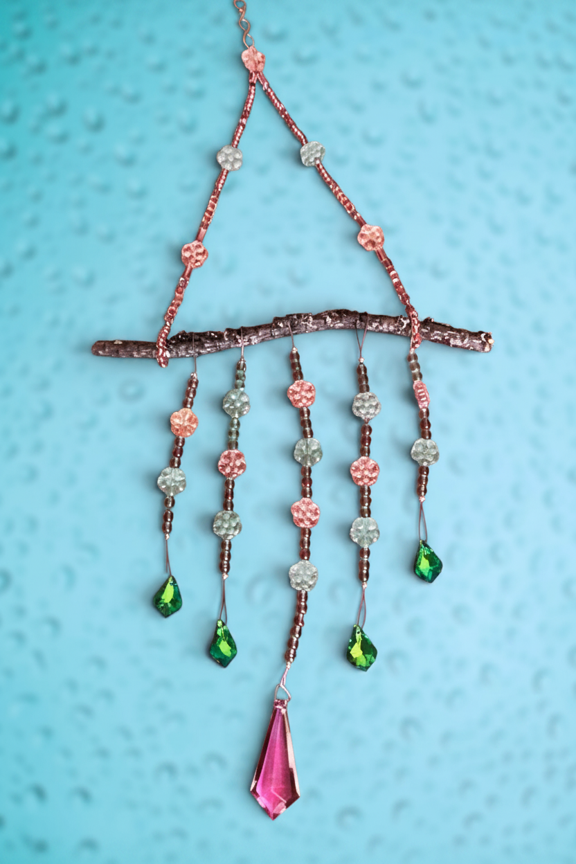Heartfelt Creations handcrafted beaded wall hanging with a natural branch, floral beads, and green and pink crystals.