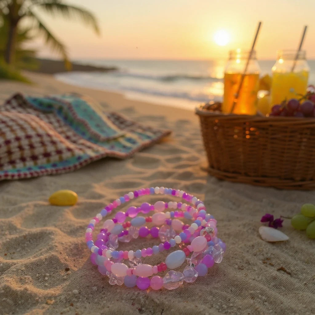 Heartfelt Creations 4-layer wrap bracelet with purple, pink, and blue beads and flower charms