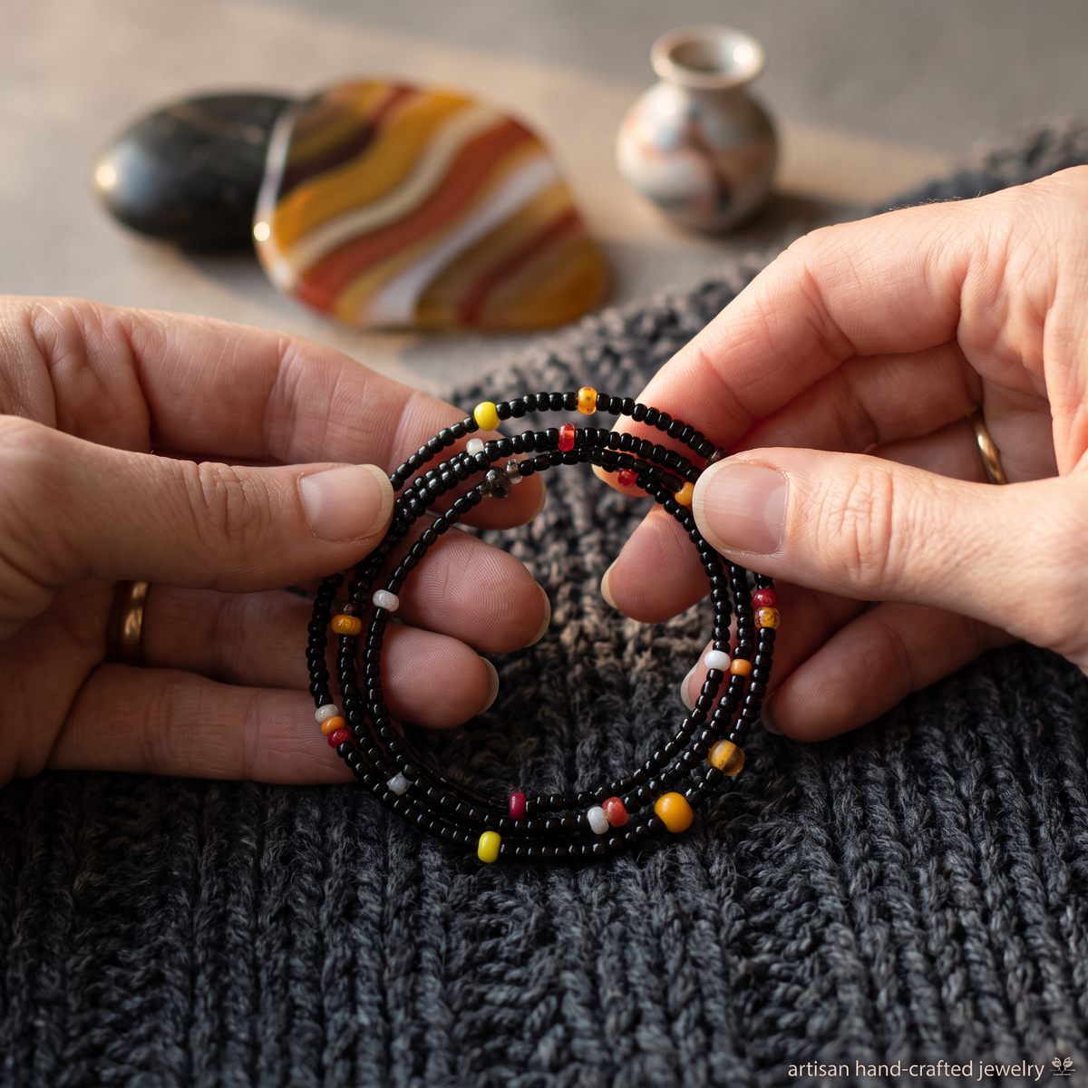 Heartfelt Creations handcrafted fused glass pendant necklace and multi-strand wrap bracelet with colorful glass beads.