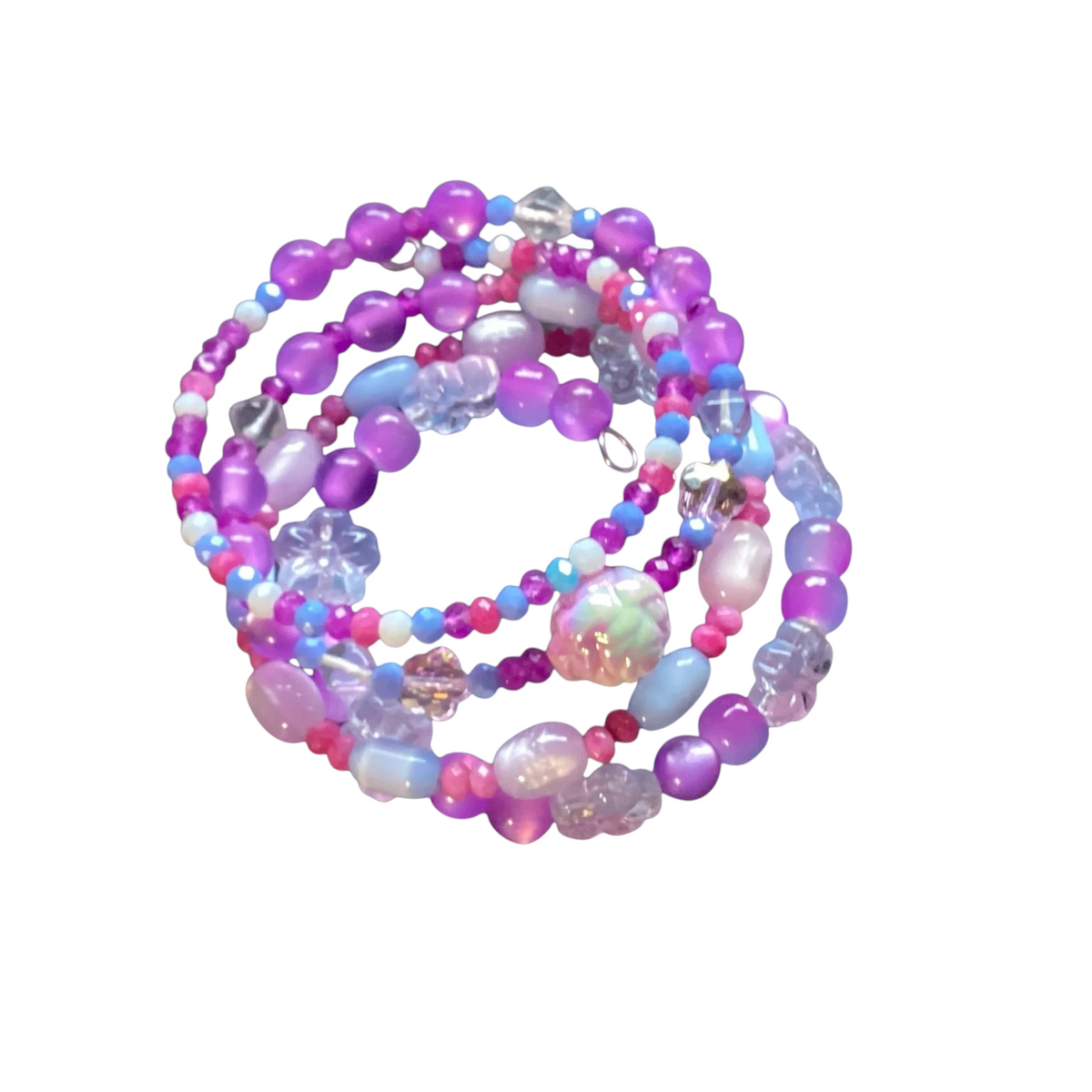 Heartfelt Creations 4-layer wrap bracelet with purple, pink, and blue beads, flower charms, and iridescent accents.
