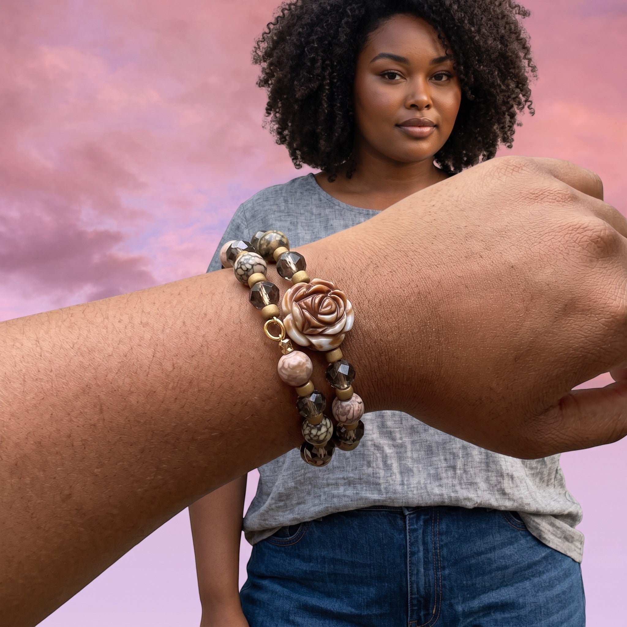 Heartfelt Creations handcrafted multi-layered beaded wrap bracelet with pink and brown stone beads and a floral charm.