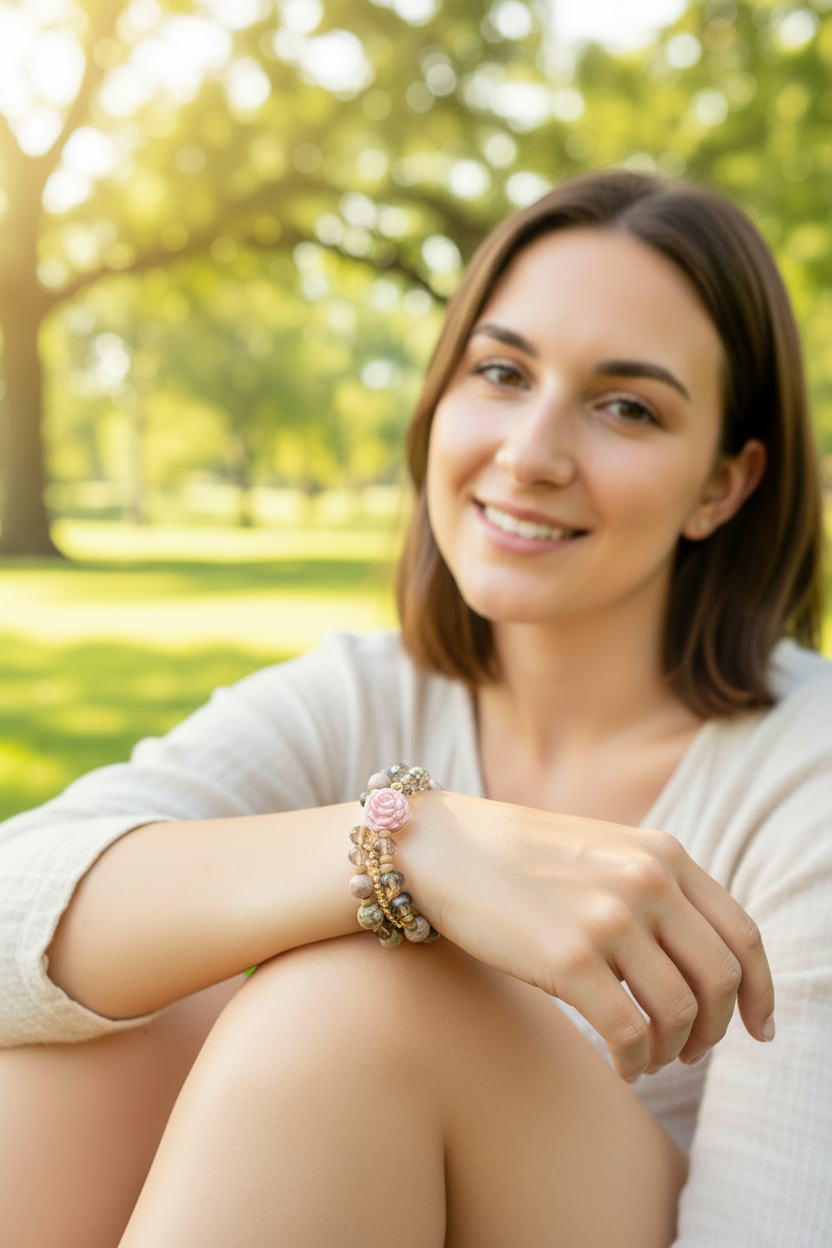 A woman with shoulder-length brown hair sits in a sunny park wearing a cream-colored knit top and a beaded bracelet on her wrist, with a blurred green park background.