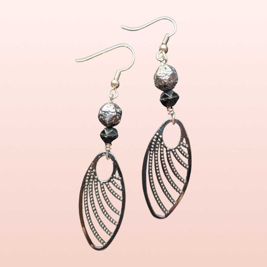 Heartfelt Creations elegant dangle earrings with black beads and silver-toned filigree charms.