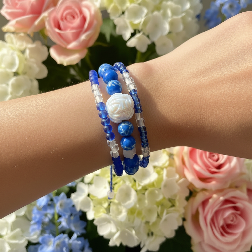 A close-up of a person's wrist wearing three beaded bracelets, with a background of pink and white flowers. The bracelets feature various blue beads, clear faceted beads, and a central white carved rose bead.