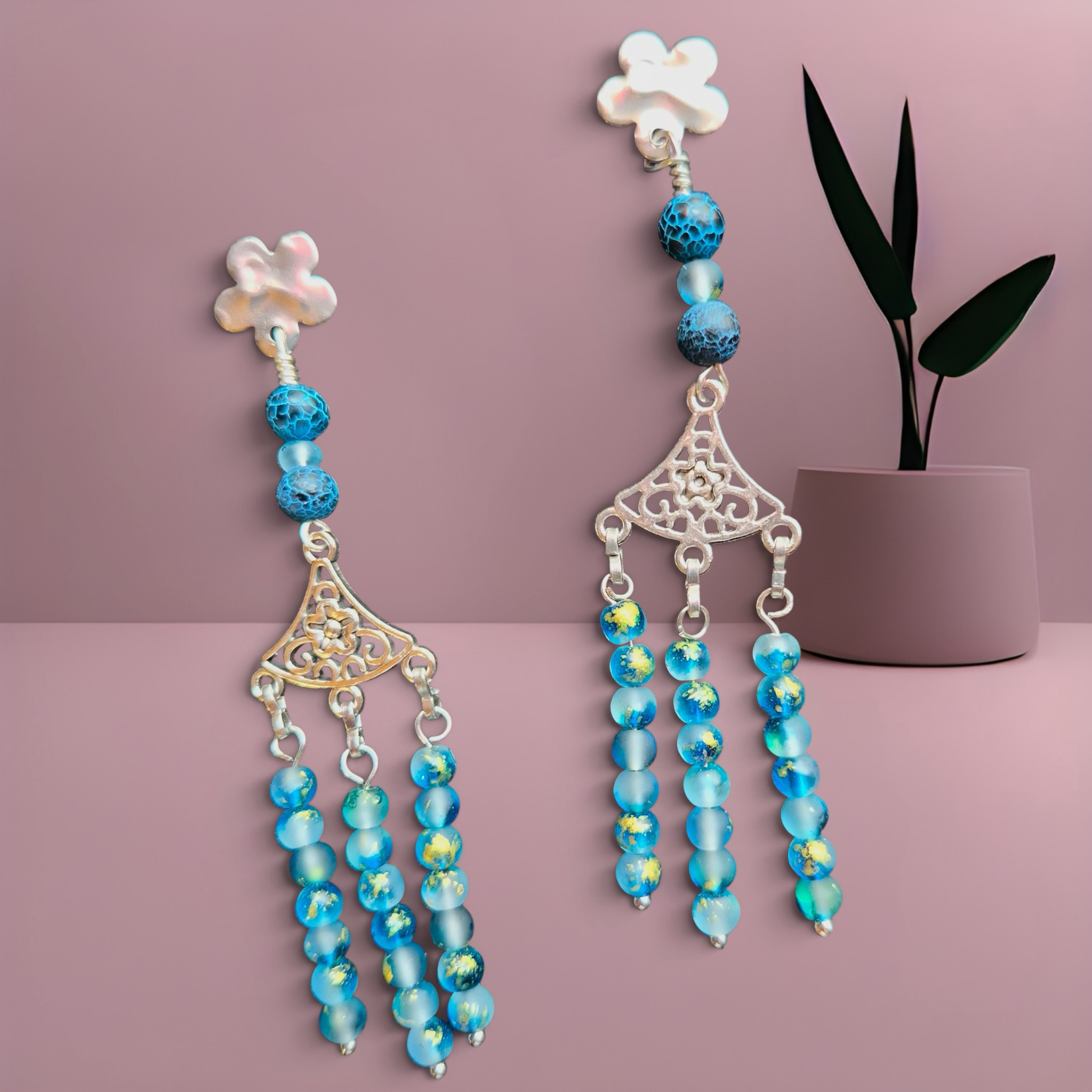 Heartfelt Creations bohemian chandelier earrings with blue agate beads, frosted glass, and silver-tone filigree metal.