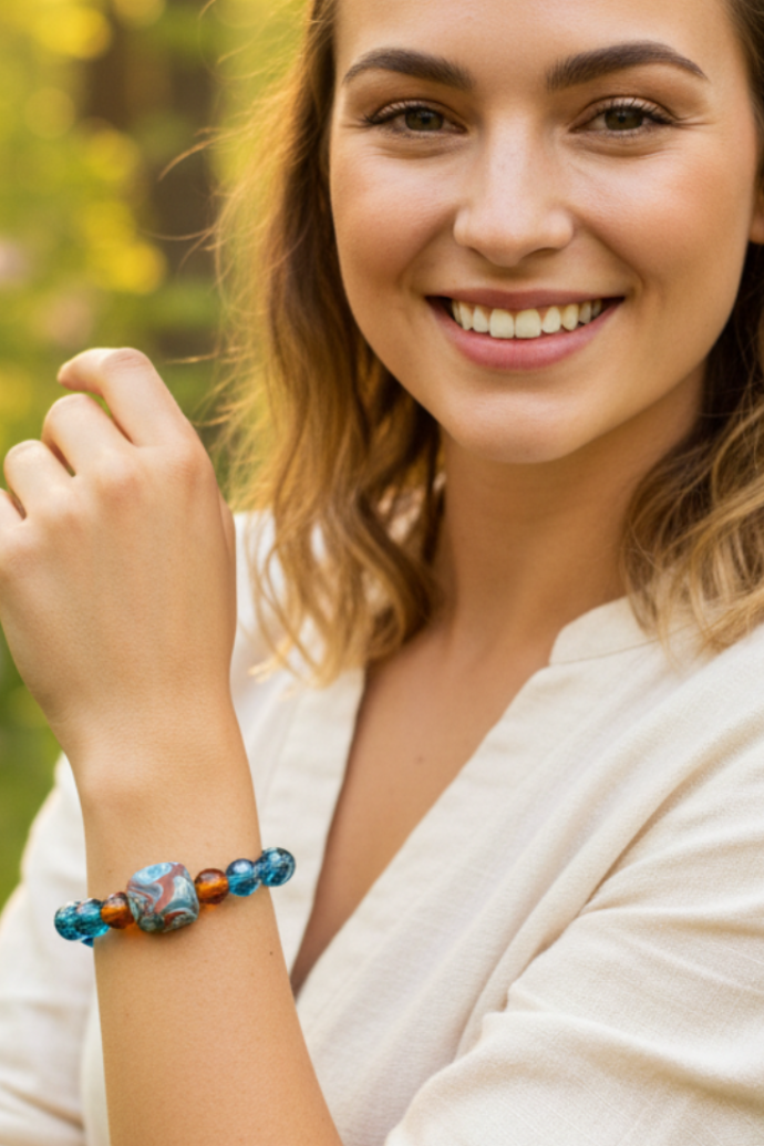 A smiling young woman outdoors wearing a beaded bracelet with blue, turquoise, and orange beads, paired with a white short-sleeve top. The background is a soft-focus green and yellow natural setting.