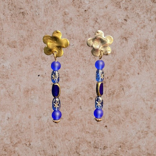Heartfelt Creations artisan drop earrings featuring gold-tone flower studs and blue patterned glass beads.