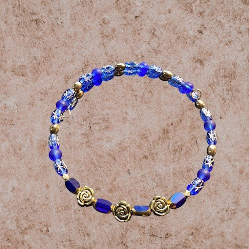 Heartfelt Creations blue beaded wrap bracelet with gold-tone rose accents and patterned glass beads