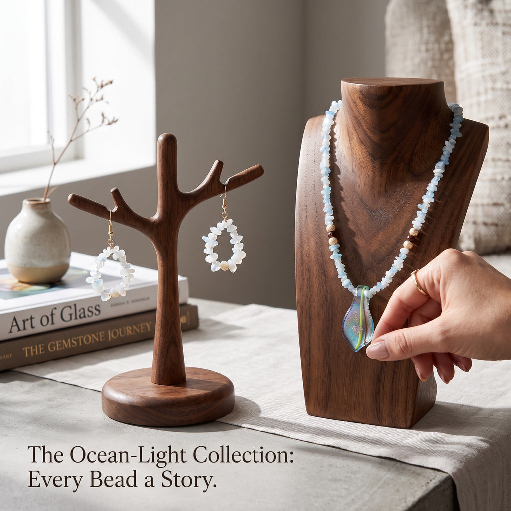 Heartfelt Creations unique necklace and earring set is crafted with light blue Blue Chalcedony chips and an incredible handmade dichroic glass pendant. This is a STUNNER!!!!