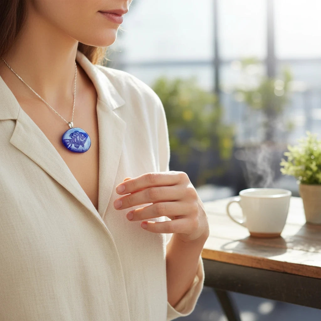 Heartfelt Creations handcrafted enameled deep blue fused glass fish pendant necklace with textured details on a silver chain.