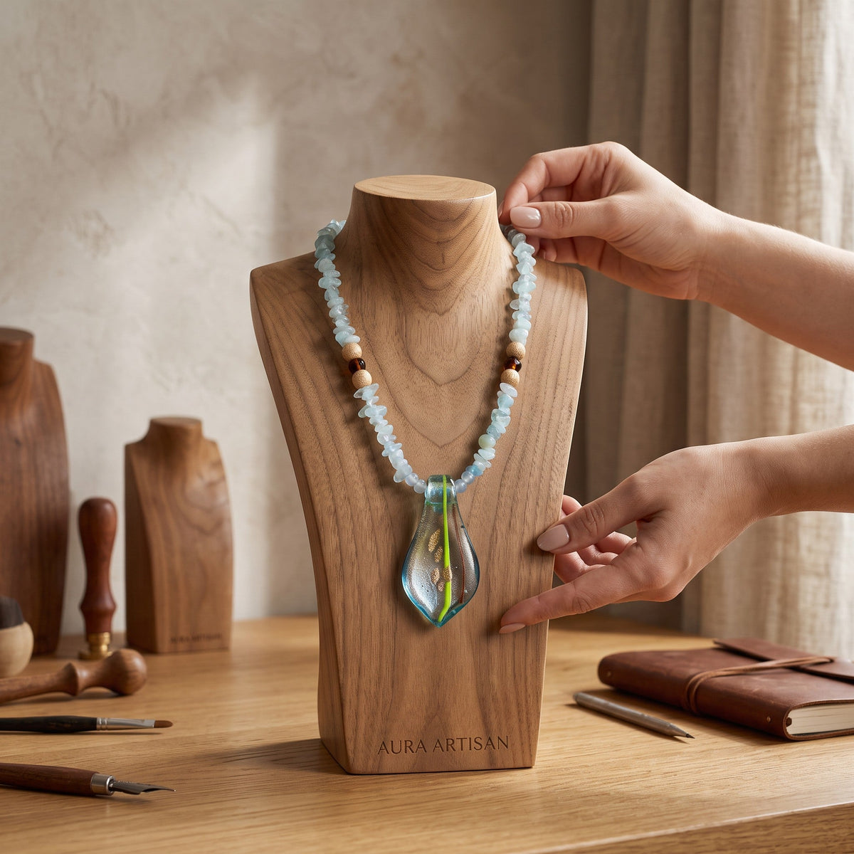 Heartfelt Creations unique necklace and earring set is crafted with light blue Blue Chalcedony chips and an incredible handmade dichroic glass pendant. This is a STUNNER!!!!