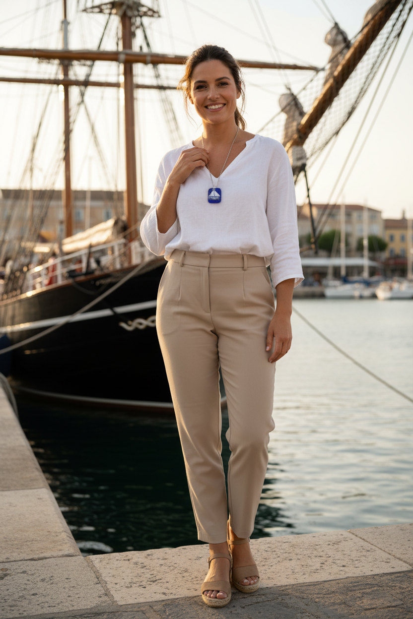 A woman stands on a stone dock in front of a large sailing ship and water, wearing a white long-sleeve V-neck top, beige tailored trousers, and beige sandals. She is holding a small blue-and-white accessory near her chest.