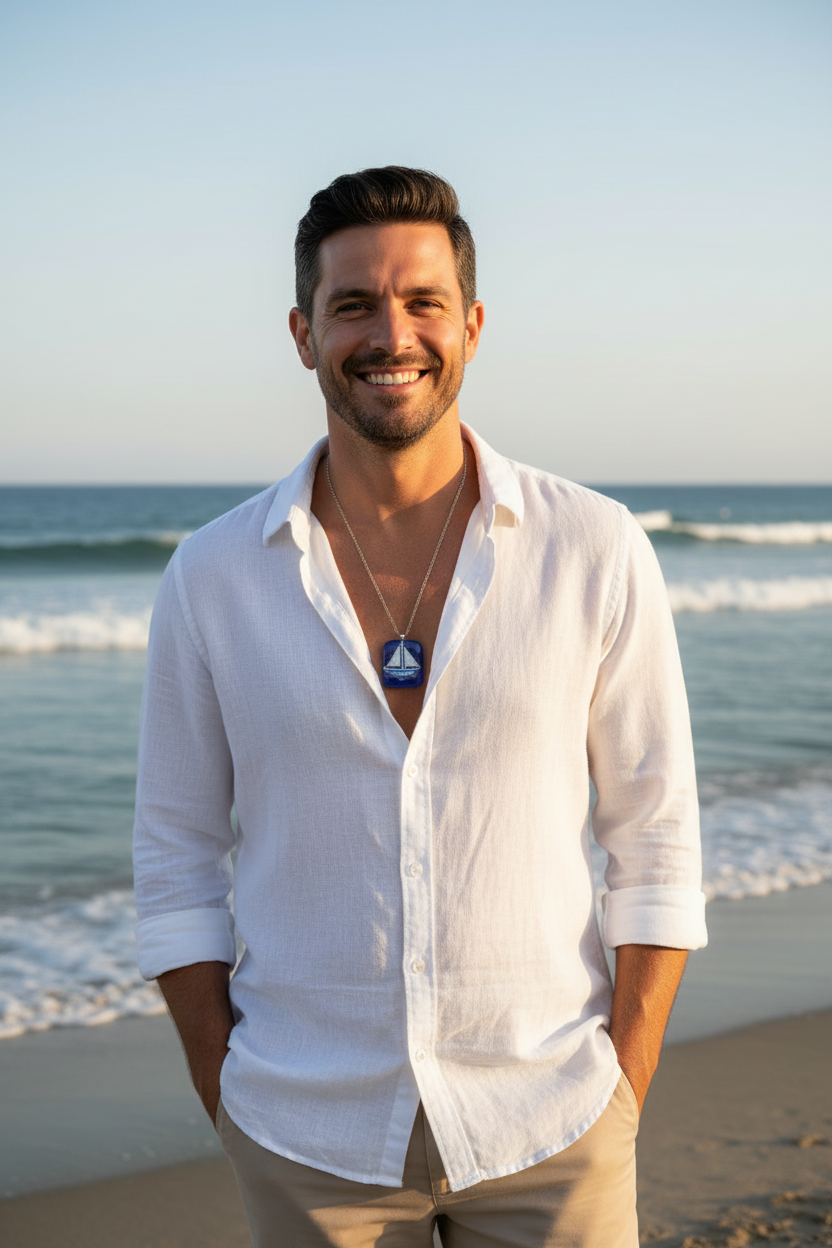 A smiling man standing on a beach at sunset, wearing a white linen button-up shirt, khaki pants, and a silver necklace with a blue and white sailboat pendant.
