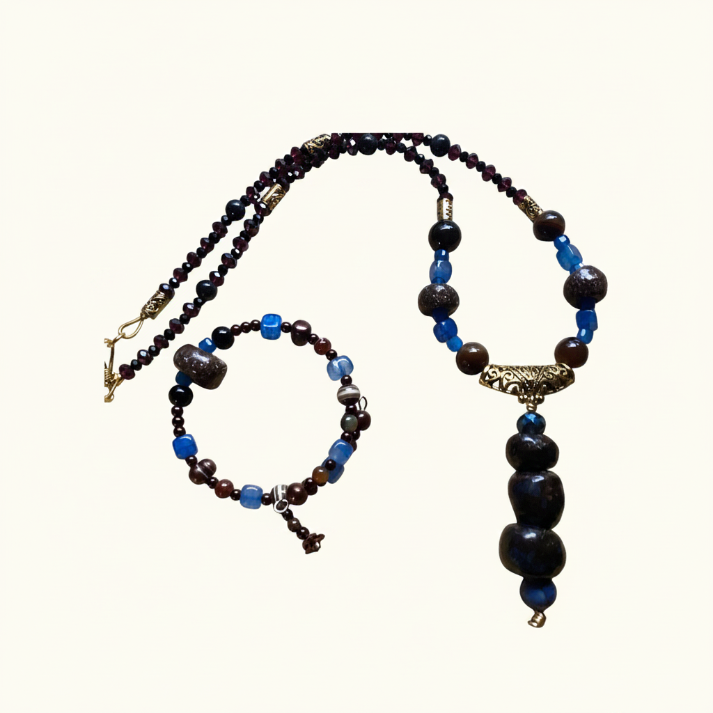 Heartfelt Creations' most off-beat 3-piece handmade and designed jewelry set.  The bohemian beaded necklace, earring and bracelet set with deep red, brown, and blue stones. Necklace features a stacked stone pendant.