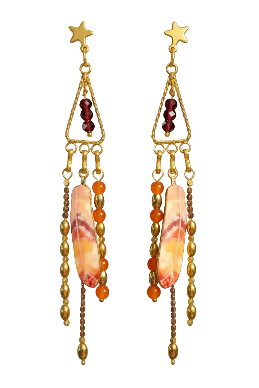 A pair of bohemian-style gold dangle earrings featuring star-shaped studs, triangular chains, dark red beads, orange and brown beads, and a large central iridescent shell-like charm with orange and cream marbling.