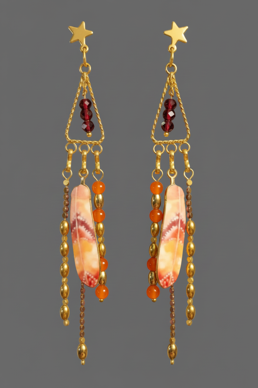 Heartfelt Creations gold-tone dangle earrings with star studs, red beads, orange beads, and painted feather charms.