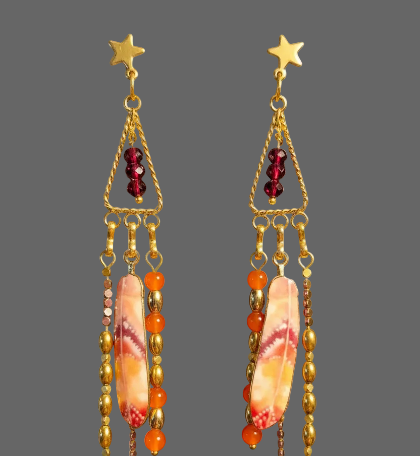 Heartfelt Creations gold-tone dangle earrings with star studs, red beads, orange beads, and painted feather charms.