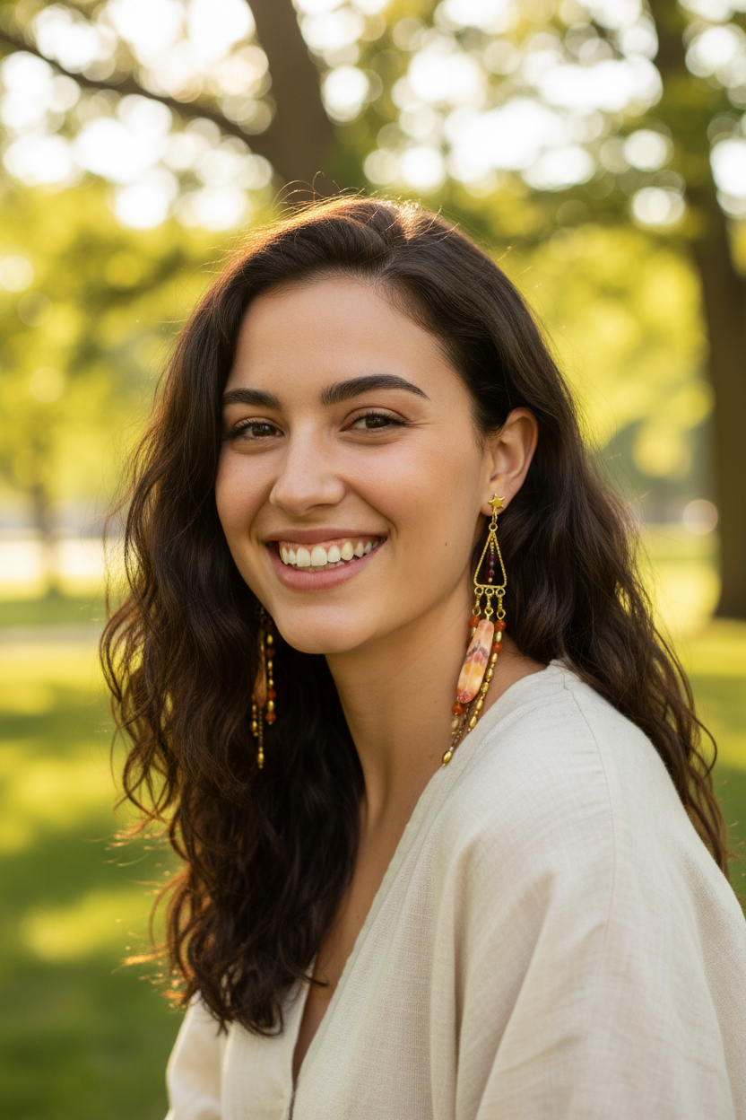 A pair of gold-toned statement dangle earrings with star-shaped studs, small faceted dark red beads, orange beads, and large marbled orange and cream glass drops, shown on a solid gray background.