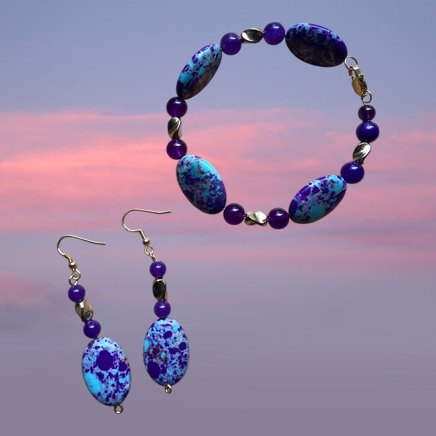 Heartfelt Creations bohemian jewelry set with marbled purple and turquoise jasper stones, amethyst beads, and gold-tone spacers. Oval pendants on earrings.