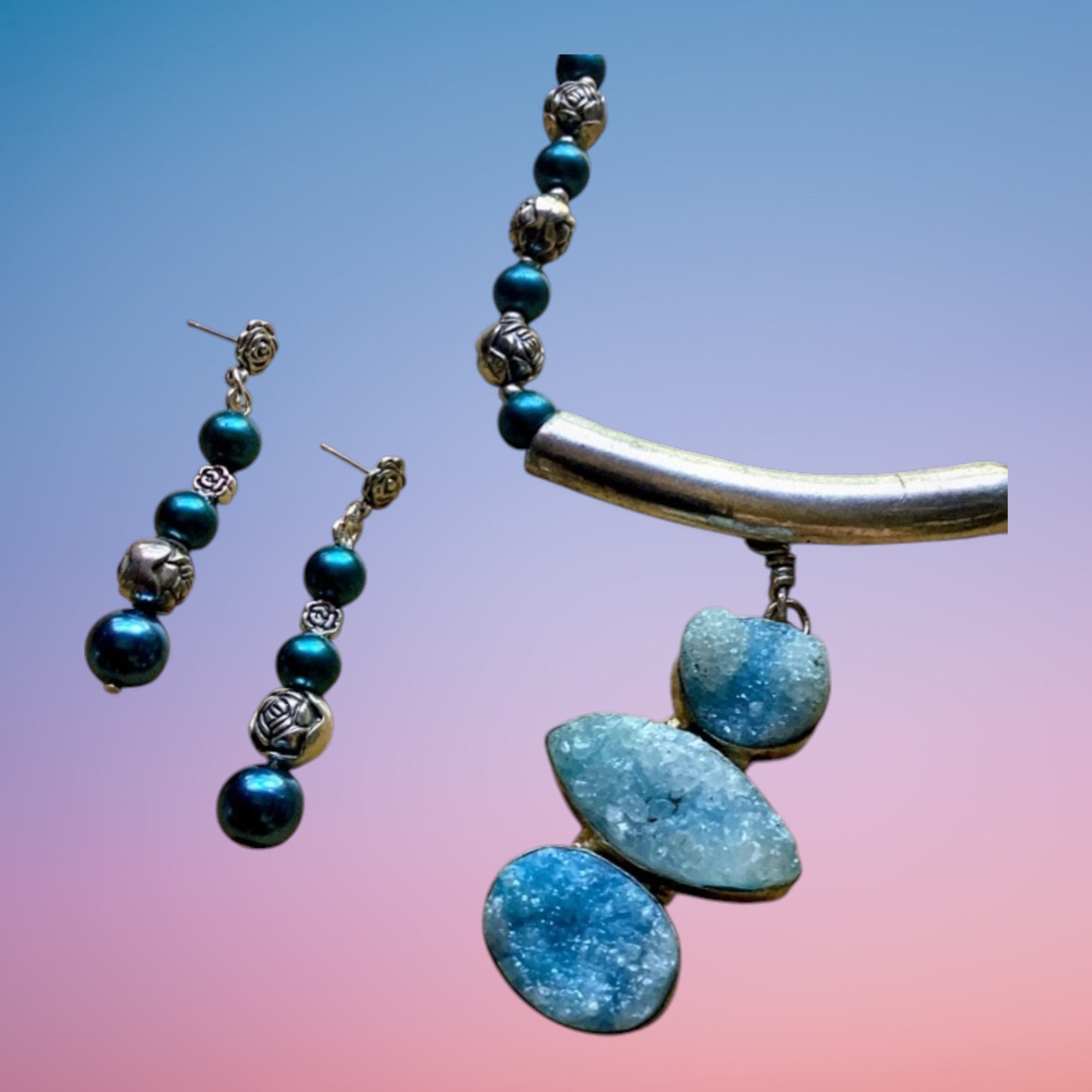 Heartfelt Creations bohemian jewelry set with teal pearls, silver rose charms, and blue druzy stones.