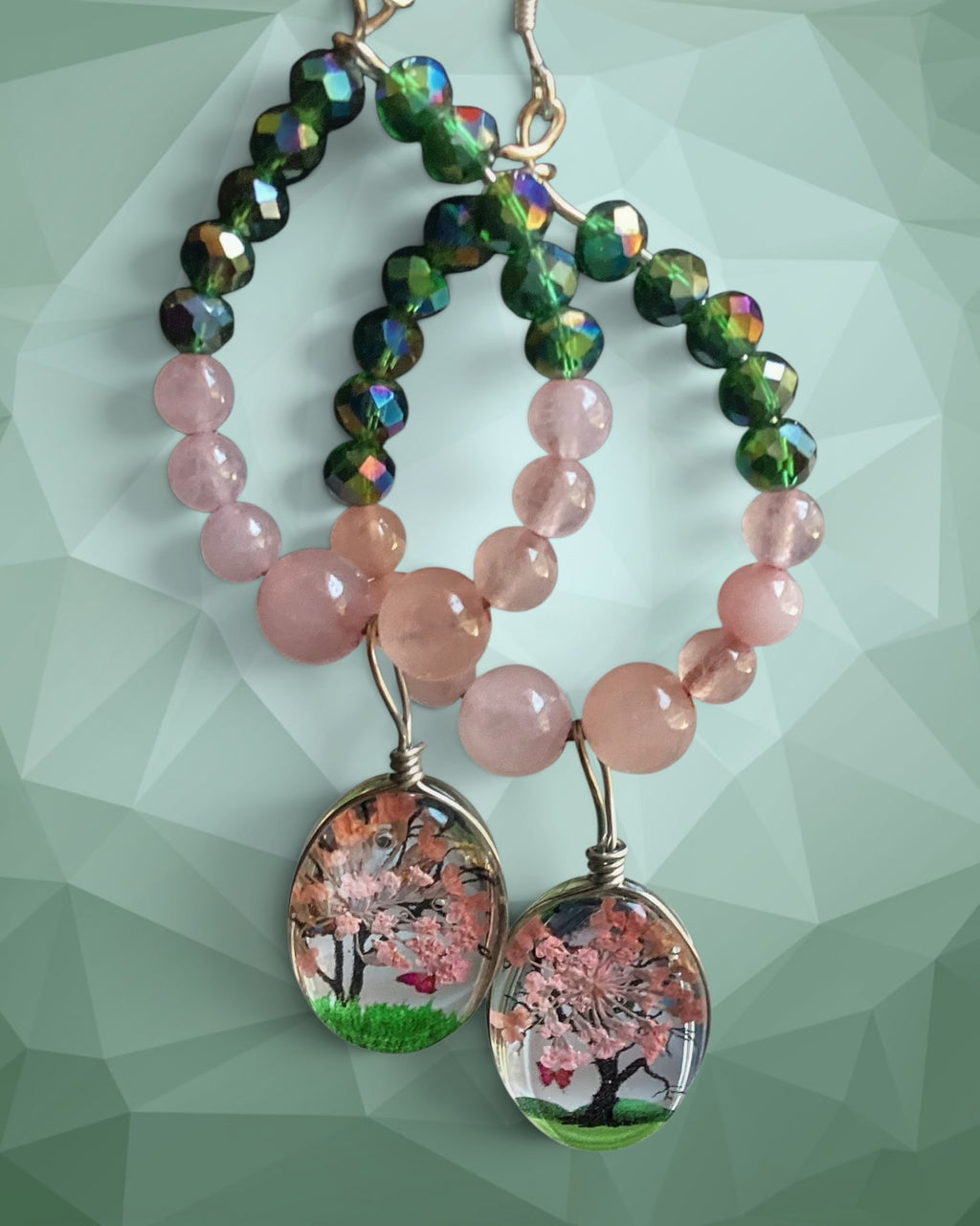 Beaded Botanical Drop Earrings (with Pink Flowered Trees!)