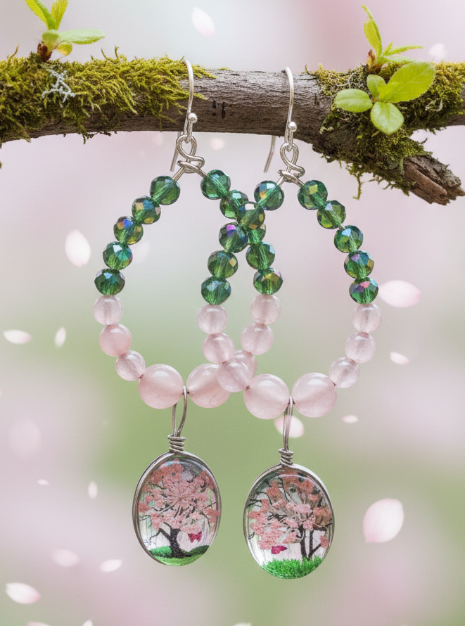 A pair of hoop earrings hanging from a mossy branch against a soft pink blurred background with falling petals. The earrings have green faceted beads, pale pink pearl-like beads, and oval clear resin pendants showing cherry blossom tree illustrations.