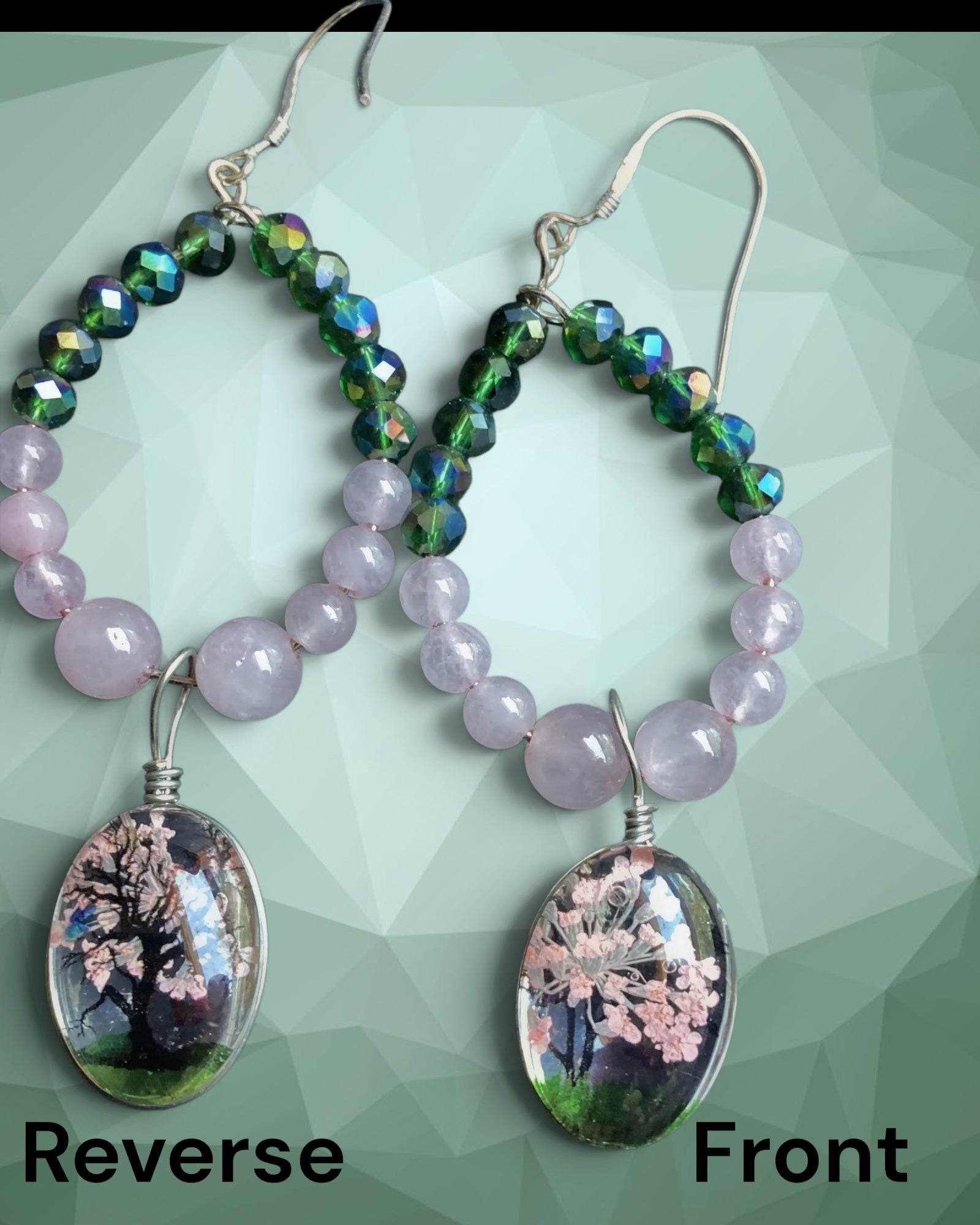 Heartfelt Creations beaded drop earrings with rose quartz, green crystal beads, and oval cherry blossom pendants.