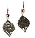 Heartfelt Creations vintage-inspired bronze filigree drop earrings with blush beads and floral accents on pink fabric.