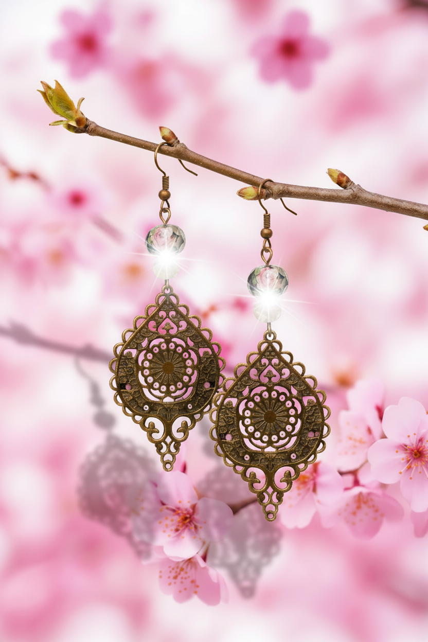 A pair of dangling earrings with ornate filigree metalwork, a small pink / black lampwork floral bead, and a pale pink stone, shown on a pink floral background.