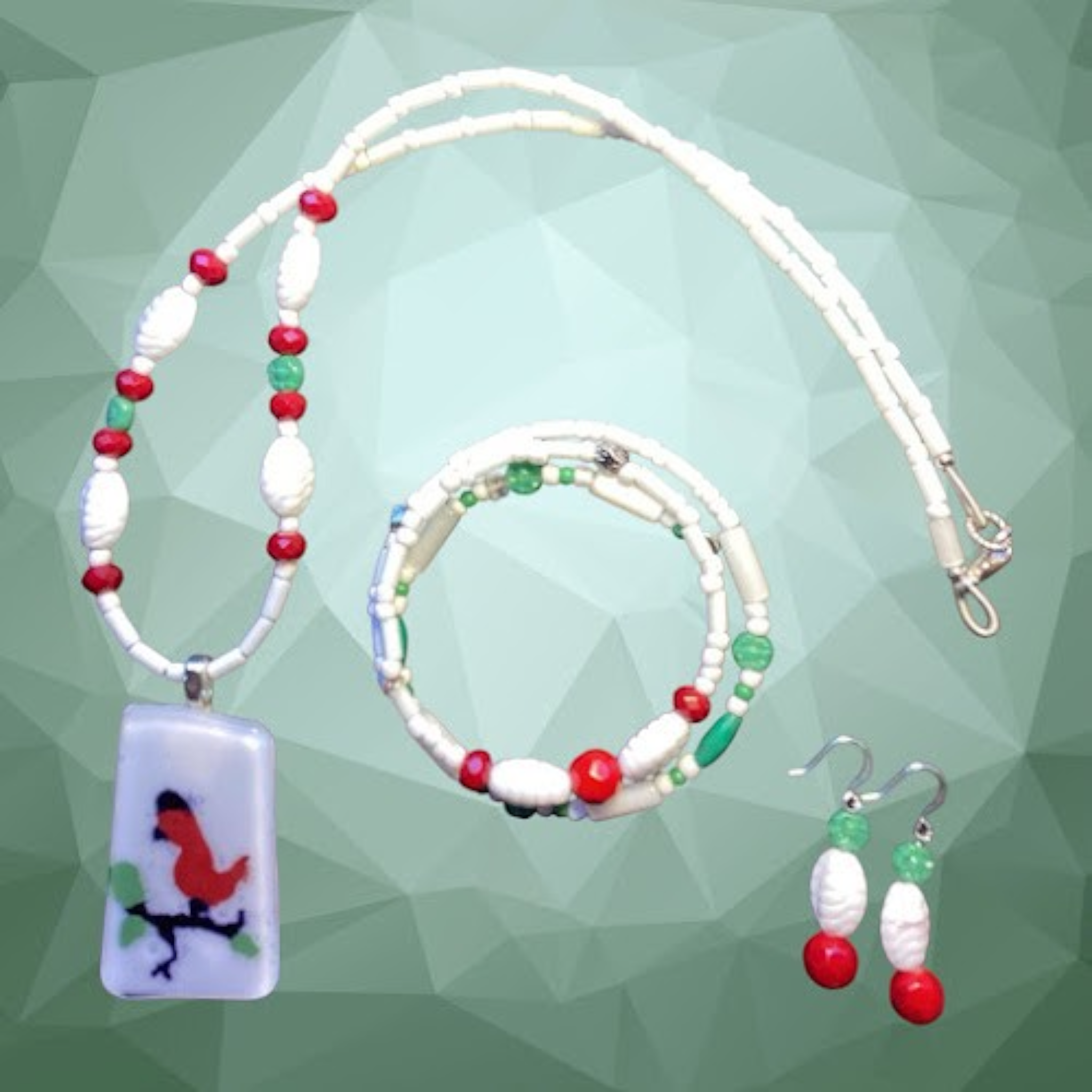 Heartfelt Creations handcrafted cardinal jewelry set with beaded necklace, bracelet, and earrings in red, white, green