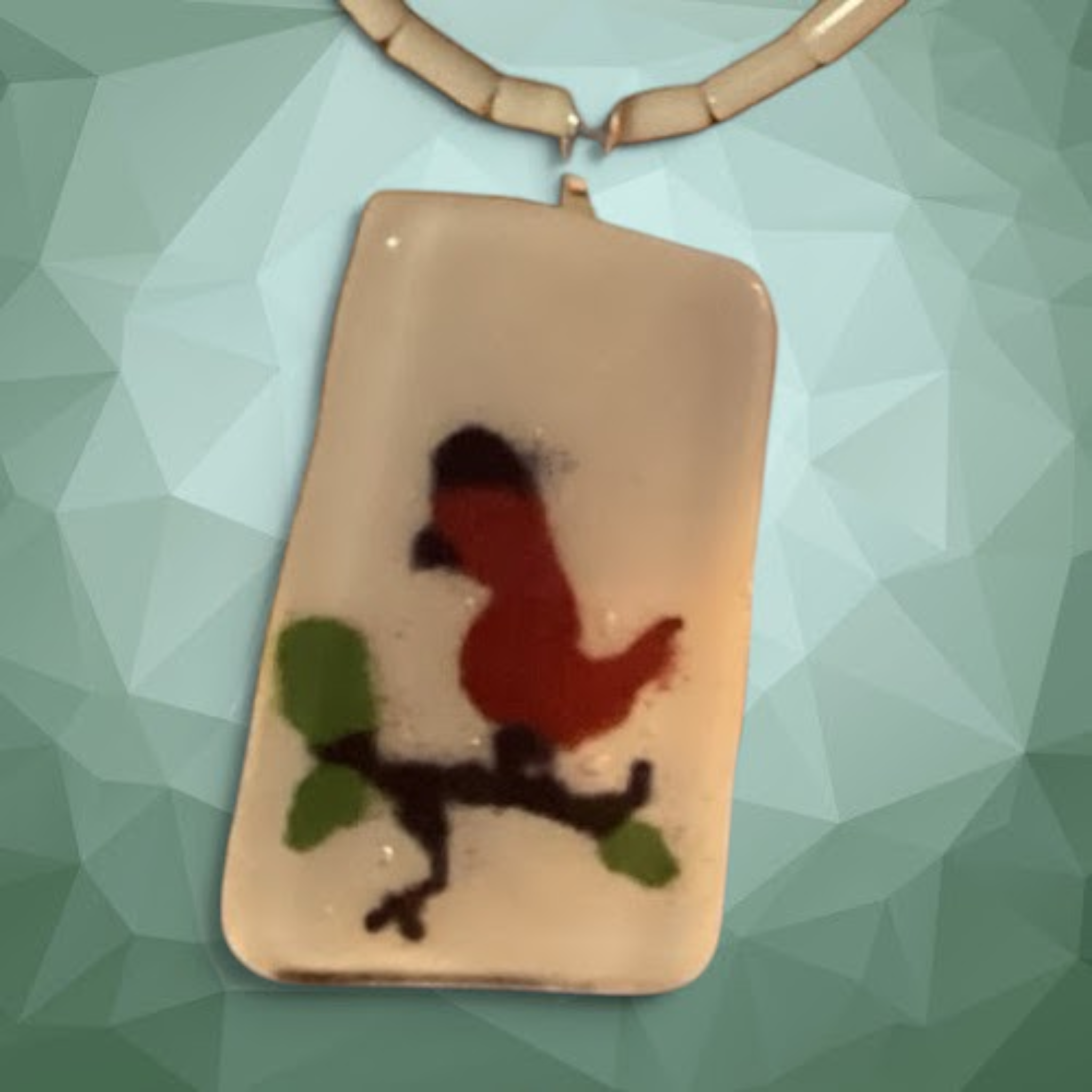 Heartfelt Creations handcrafted cardinal bird pendant necklace in white with red and green accents
