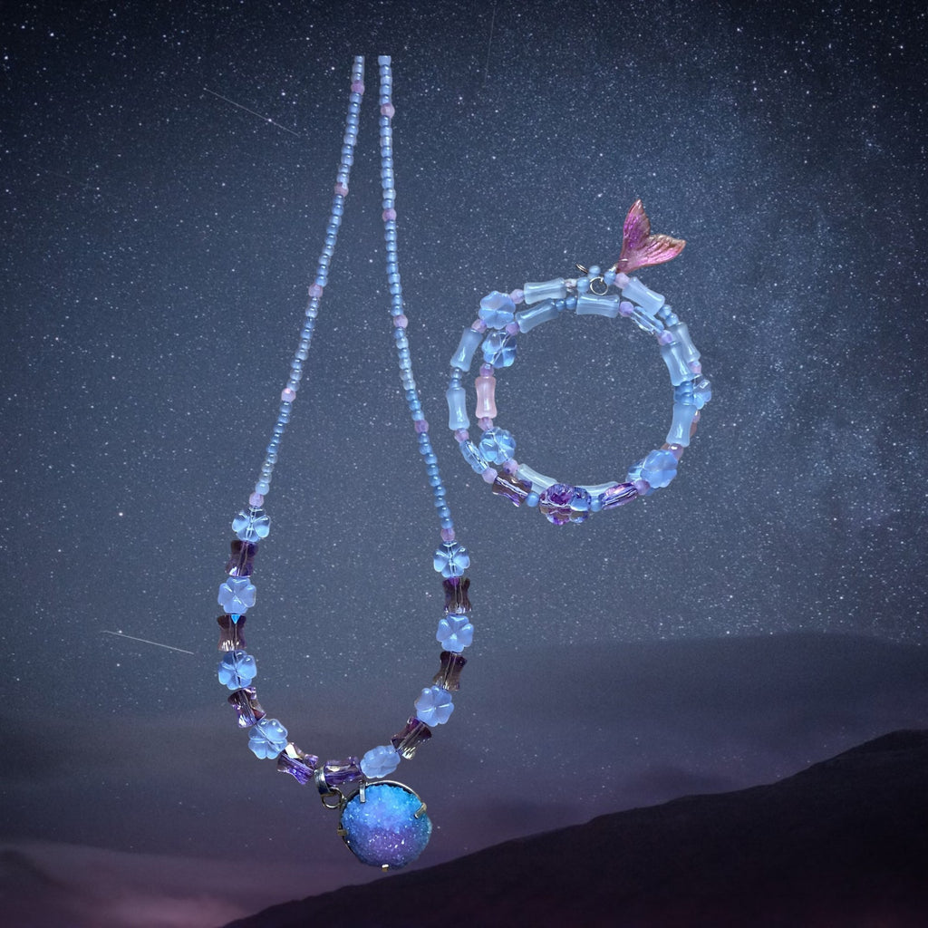 Heartfelt Creations beaded necklace and bracelet set in lavender, periwinkle, and purple with druzy pendant and mermaid tail charm.