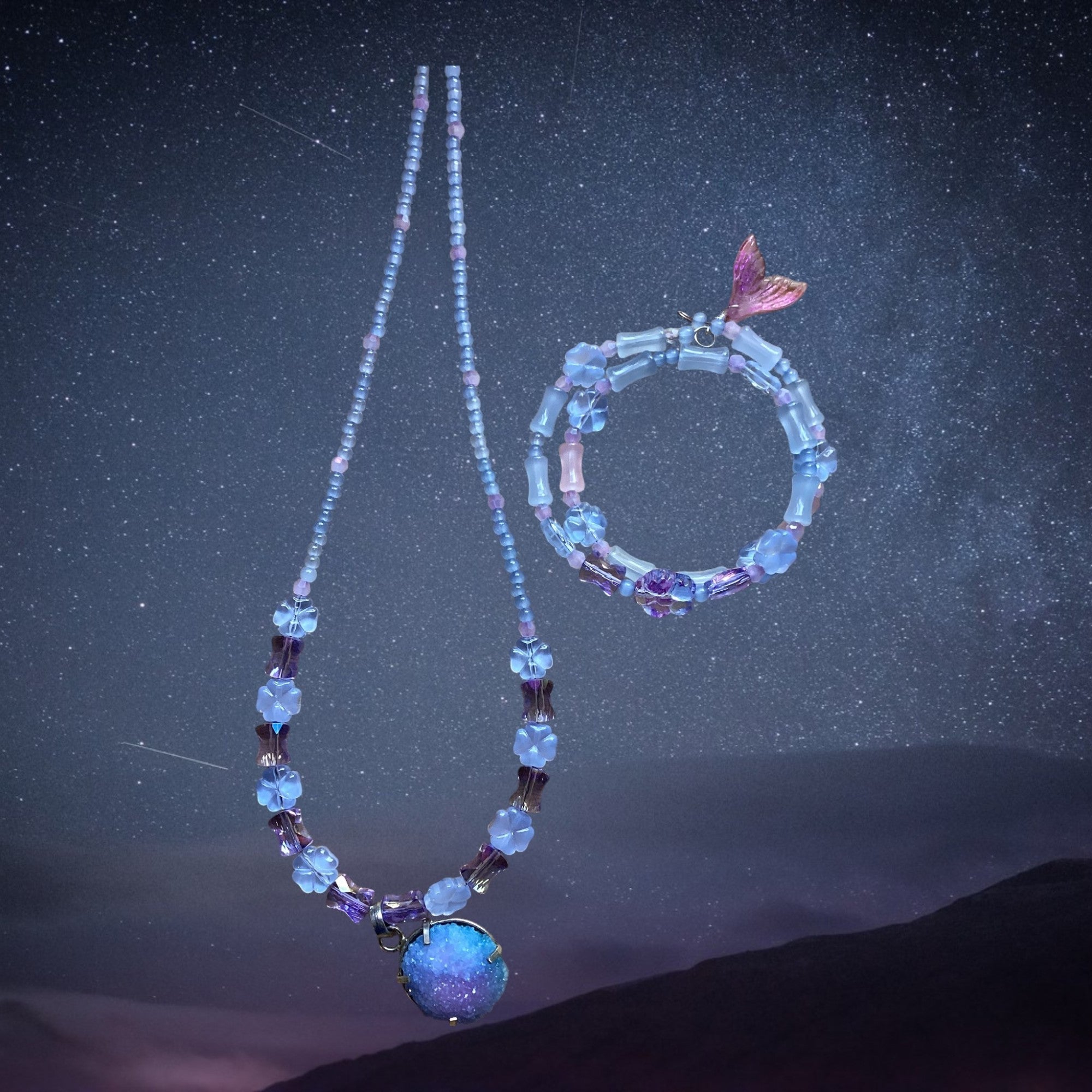 Heartfelt Creations beaded necklace and bracelet set in lavender, periwinkle, and purple with druzy pendant and mermaid tail charm.
