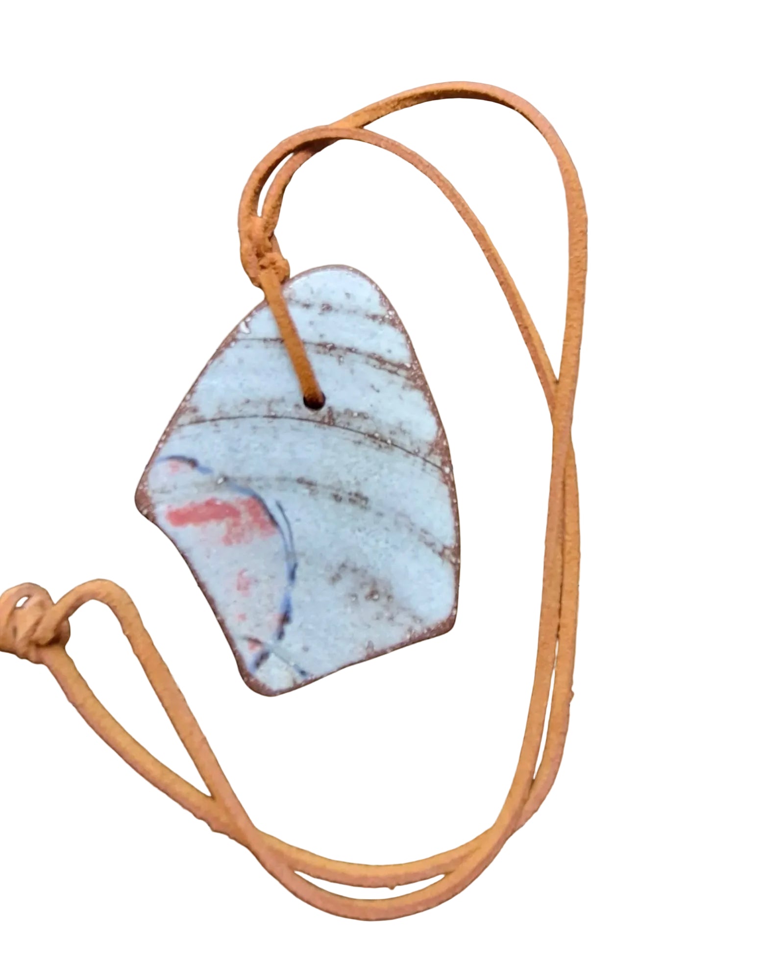 Heartfelt Creations artisan ceramic pendant necklace with a rustic textured finish on a warm-toned leather cord