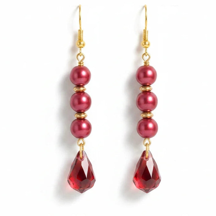 Heartfelt Creations crimson pearl and faceted red crystal drop earrings with gold-tone hook backings