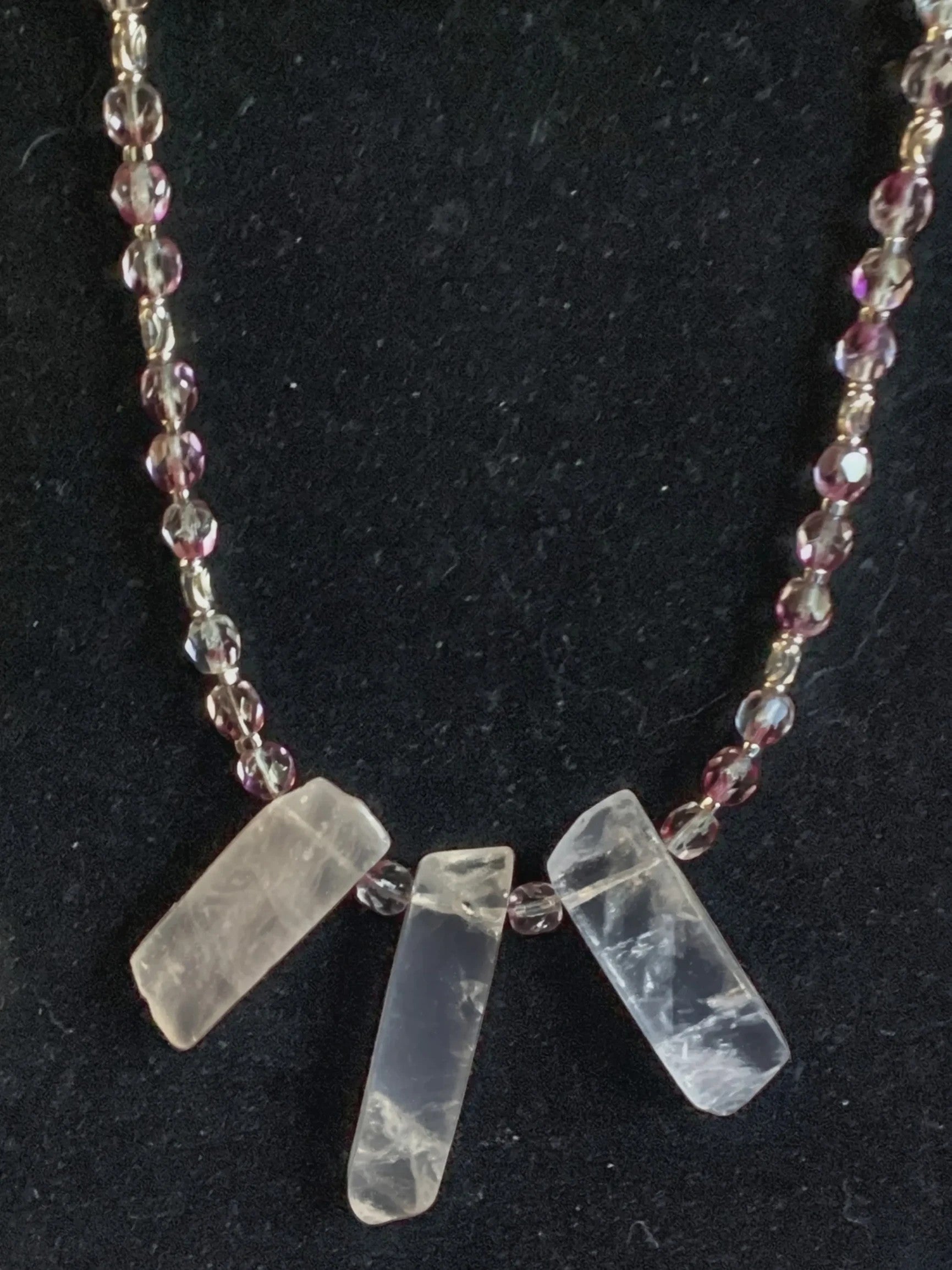 Heartfelt Creations necklace with three raw clear quartz points and pink/clear beaded accents. Bohemian style.