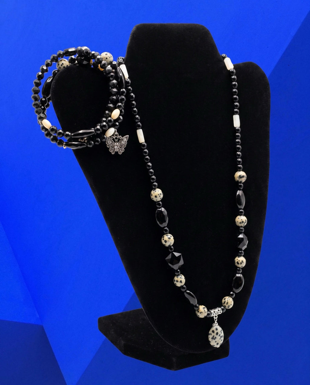 Heartfelt Creations black and white Dalmatian Jasper beaded necklace and bracelet set with a butterfly charm.