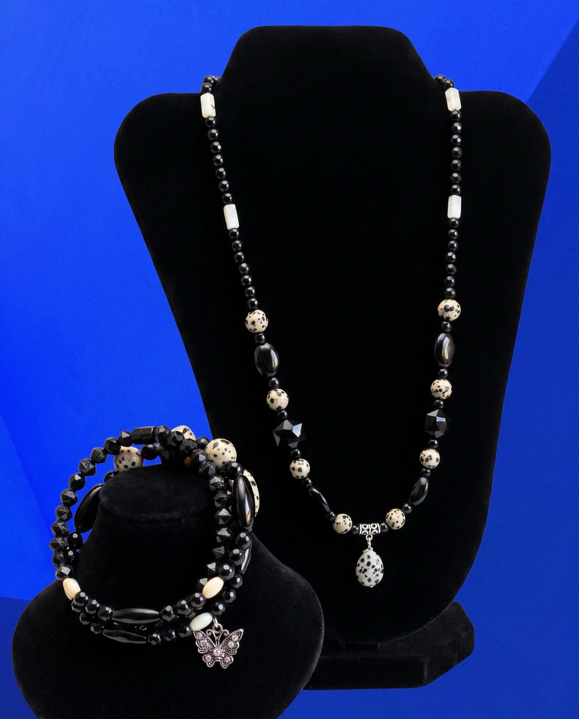Heartfelt Creations black and white Dalmatian Jasper beaded necklace and wrap bracelet set with butterfly charm