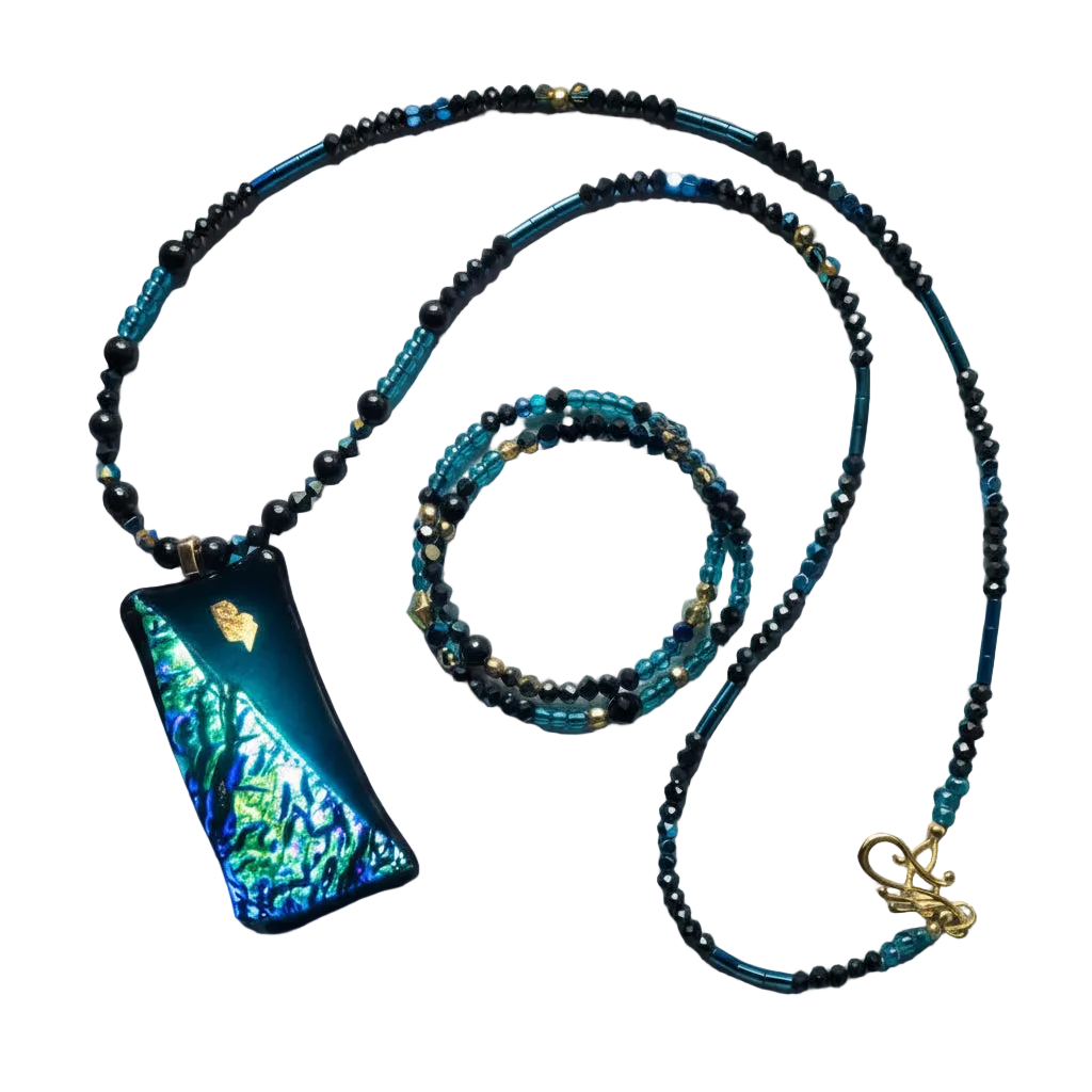 Heartfelt Creations' Beaded Necklace with Uniquely Designed Dichroic Glass Pendant and Bracelet