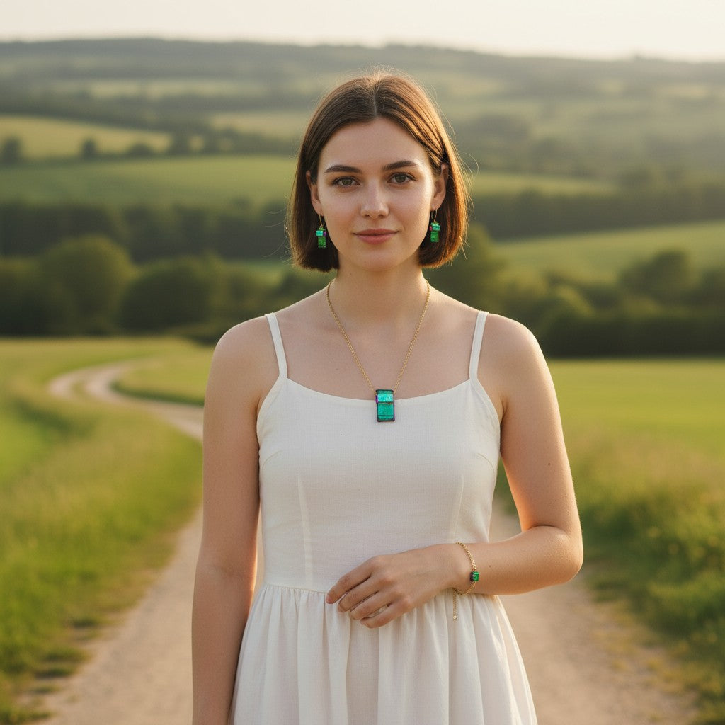 Woman wearing a Heartfelt Creations dichroic glass pendant necklace with green and black tones on a gold chain.