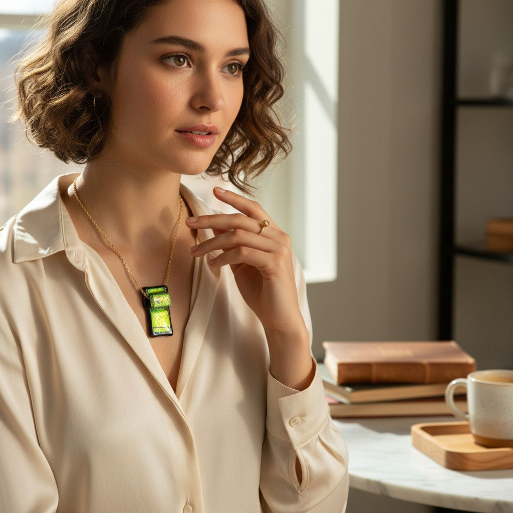 Heartfelt Creations handcrafted dichroic glass pendant necklace in green and black on a gold chain worn by a woman.
