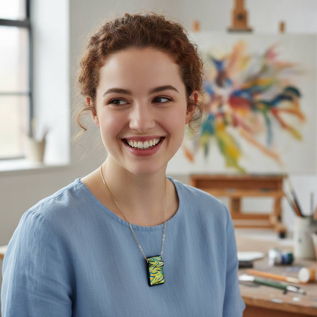 rectangular, iridescent dichroic glass pendant with a wavy, textured surface in shimmering shades of gold, green, and blue, suspended from a delicate, thin gold-colored chain with a small clasp