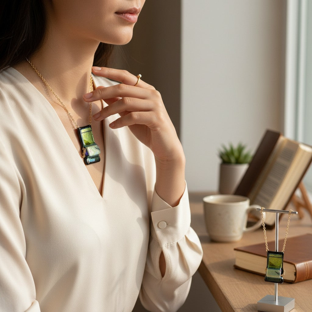 Heartfelt Creations handcrafted dichroic glass pendant necklace in green and black on a gold chain worn by a woman