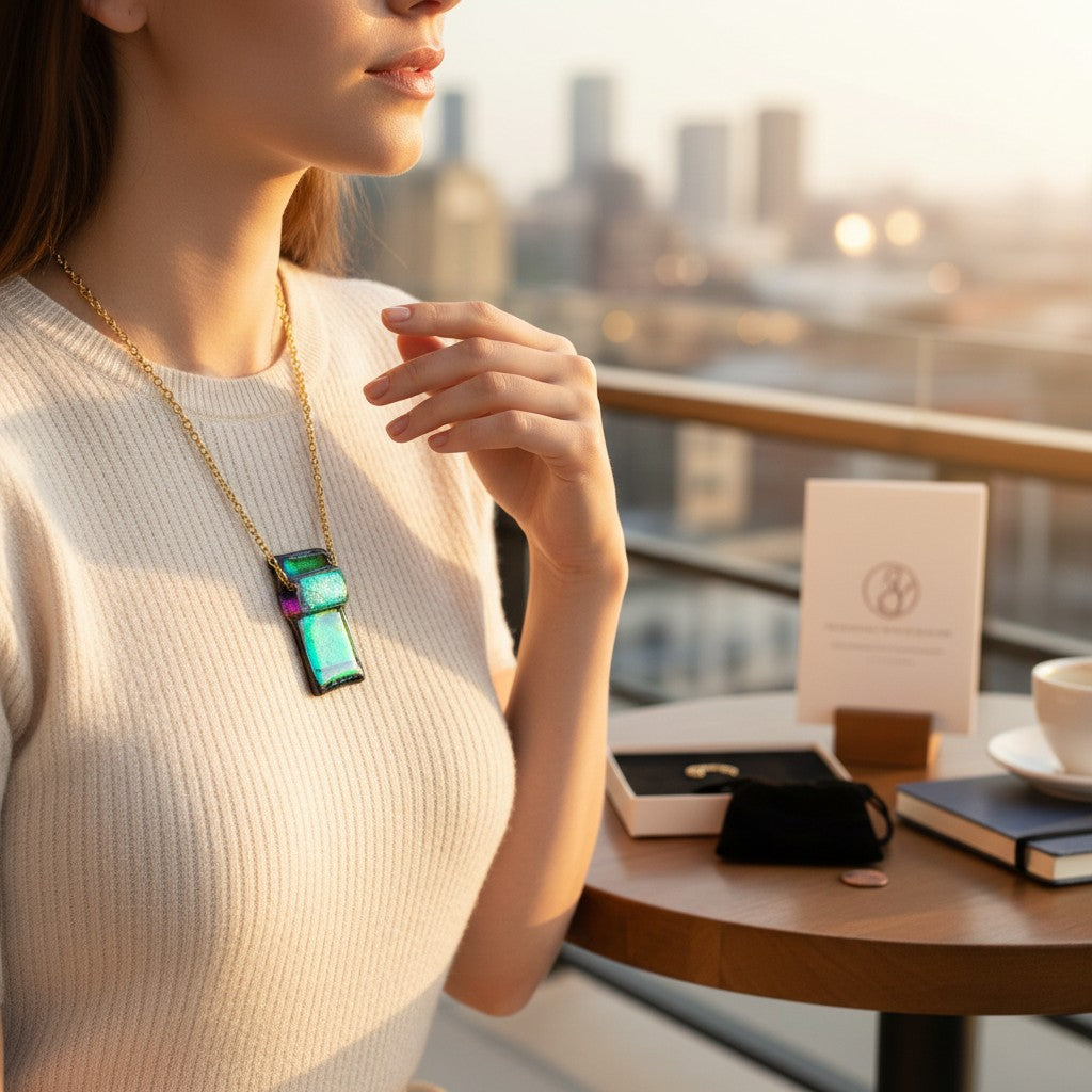 Heartfelt Creations dichroic glass pendant necklace in green and black on a gold chain worn by a woman at sunset.